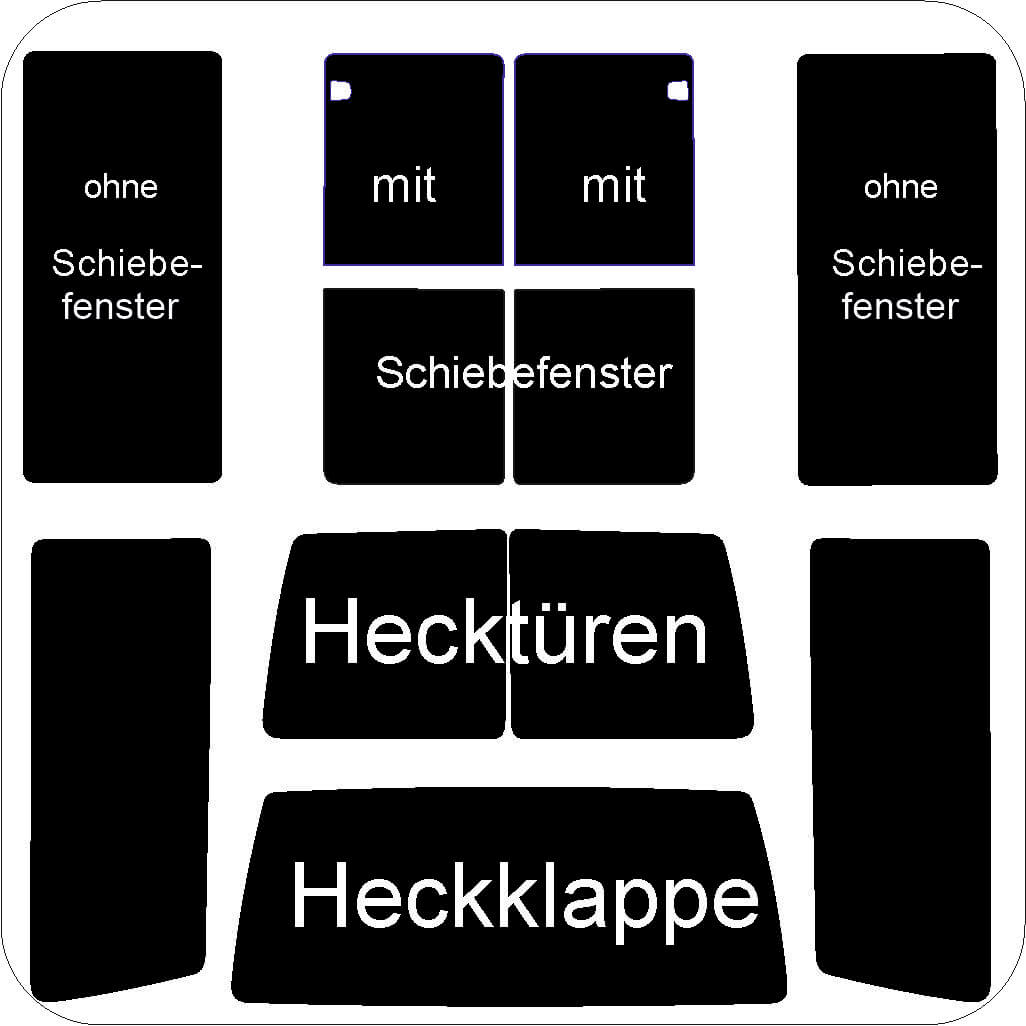 Passgenau zugeschnittenes Tönungsfolien-Set für VW T4 GP lang – CNC-Zuschnitt von FVB Carbon Folie